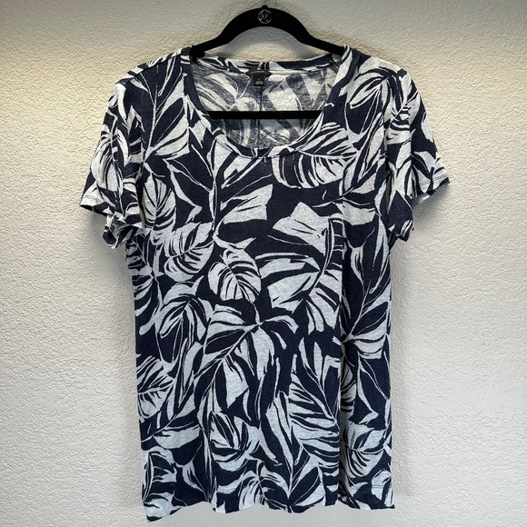 Ann Taylor Top Linen Womens L Large Short Sleeve Floral Summer Coastal Beach - Picture 1 of 11